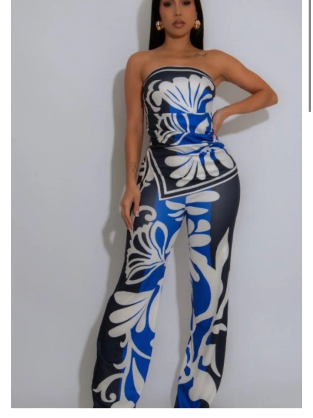 Strapless Floral-Print Wide-Leg Jumpsuit in Blue & White